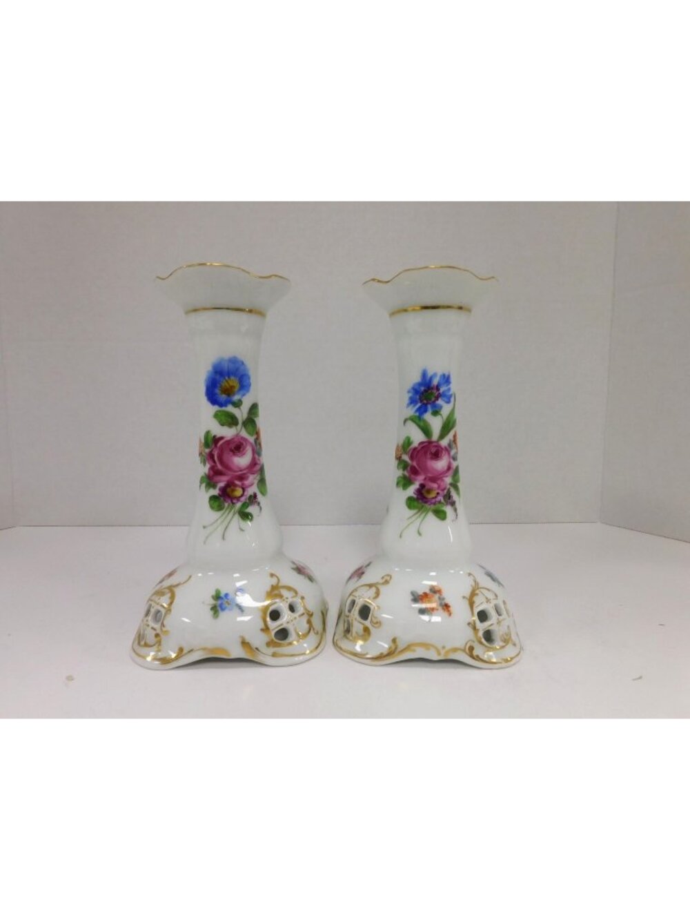 Vintage Dresden Candle Holder Pair Floral Gold and White 6" DW802